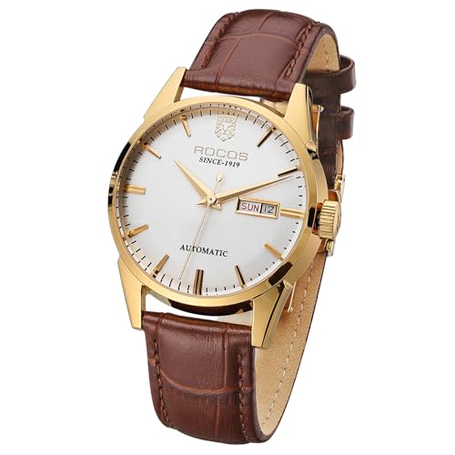 ROCOSJEWE R0101 - Reloj mecánico automático para hombre, reloj de lujo dorado para hombre, reloj de pulsera clásico retro para día, fecha, correa de cuero marrón, reloj de vestir, impermeable, regalo