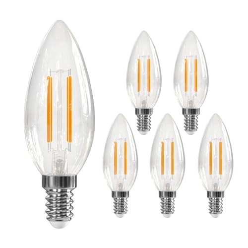 E14 LED Light Bulb 2700K C35 Candle Bulbs Small Screw Warm White 4W Equivalent 40W Vintage Bulb 495LM Clear Filament E14 Bulb for Chandeliers Non Dimmable 6 Pack