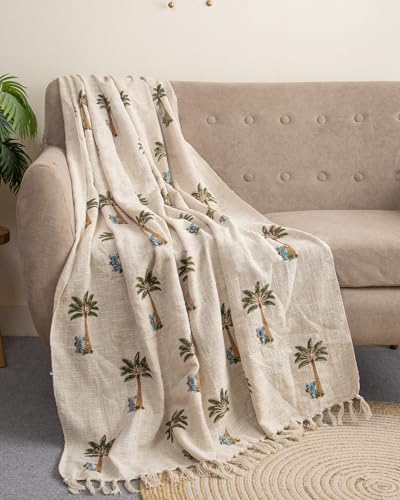 Image of Boho Throw Blanket - 100% Cotton Handblock Print Palm Tree Design, 50x70 Inch Lightweight Sofa Throw with Fringe - Tropical Boho Decor for Couch, Bed, or Living Room (R-HBTH00106)