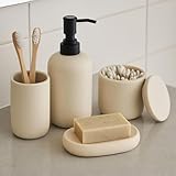Ceramic Bathroom Accessories Set 4 Pcs – Modern Scandinavian Neutral Bathroom Soap Dispenser Set with Toothbrush Holder, Soap Dish & Cup – Minimalist Bathroom Accessory Set Decor - Cream/Light Beige