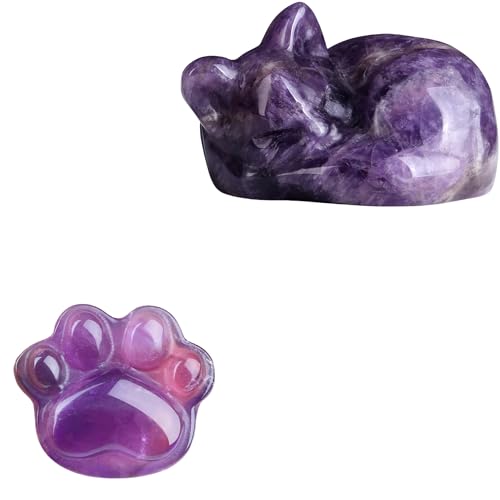 YATOJUZI 2" Amethyst Crystal Cat Staue and 1.5" Cat Paw