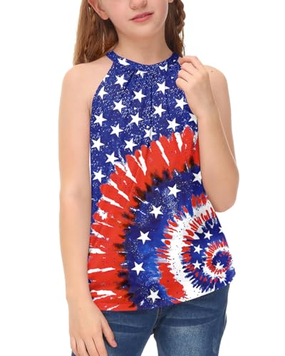 Image of BesserBay Girls Summer Back Button Halter Neck Tank Top Cold Shoulder Casual Blouse Pleated Sleeveless Shirts 5-14 Years