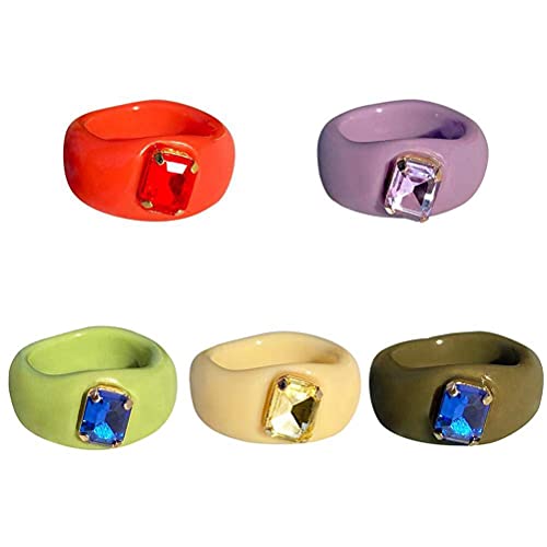 YINLANG Anneaux en résine, 5 5Pcs Vintage Anneaux Chunky Acrylique Résine Bague Colorée Bague en Diamant Bague en Plastique Transparent Mignon Anneau À La Mode Carré Gem pour Les Filles et Les Femmes Cover