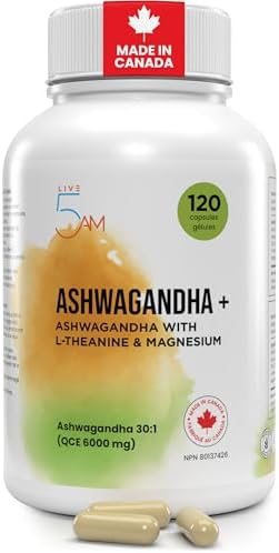 Live 5AM Organic Ashwagandha 6000mg + L-Theanine & Magnesium BisGlycinate | Stress Relief, Relaxation, Focus & Mood Balance | Adaptogen for Calm & Mental Clarity | 120 Capsules |Made in Canada