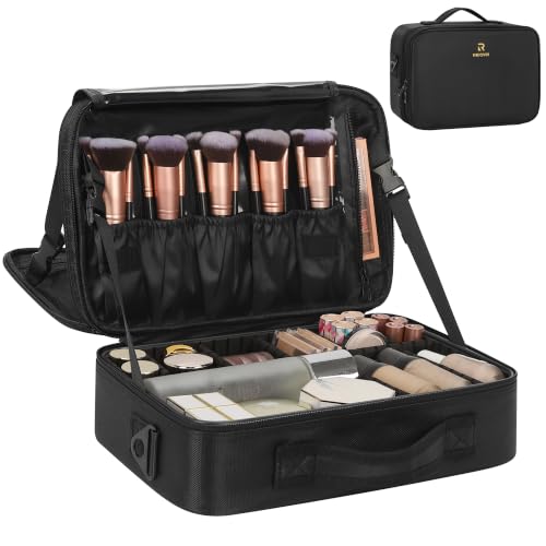 Relavel Makeup Bag Train Case for Women Travel Cosmetic Organizer with Adjustable Dividers and Brush Compartment, Large Storage Box for Cosmetics, Toiletries, Nail Polish, Jewelry, Electronic (Black)