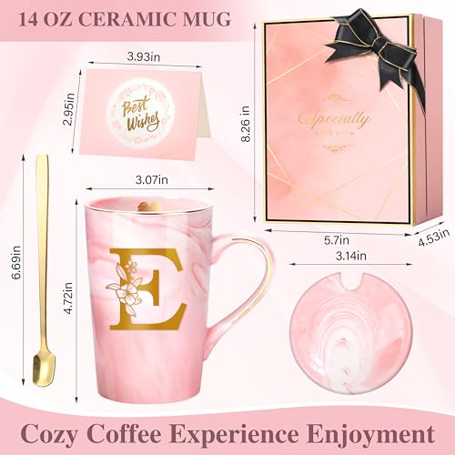 Birthday Gifts for Women, Personalized Ceramic Women Coffee Mug with Lid,14 Oz Pink Initial Mug Customized Gift, Christmas New Moms Mother's Day Birthday Gifts for Mom Friend Sister Wife Unique,E by Lepiche - Used condition - Image 4