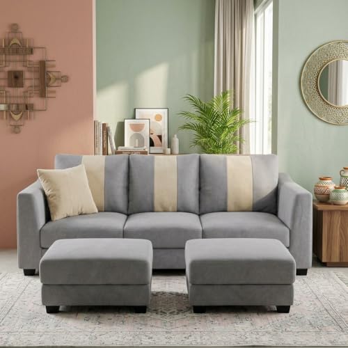 Image of Revo 5 Seater L Shape Sofa Set with 2 Movable Ottomans | Flexible Layout | Luxury Velvet Suede Fabric | Modern Living Room Sofa | Light Grey