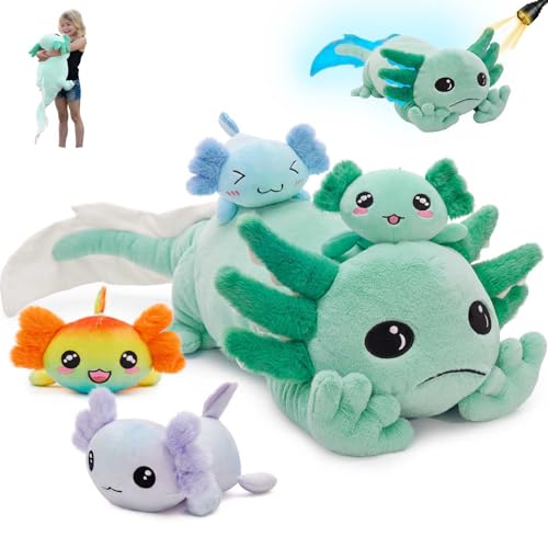 Image of MaoGoLan 31.5 inch Giant Axolotl Plush Stuffed Animal with 4 Babies, Green