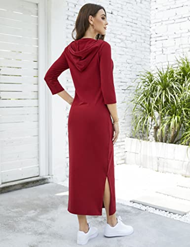 Image of MISSKY Women Casual Pocket Quarter-Zip Neck 3 /4 Sleeve Slim Split Pullover Hoodie Maxi Dress