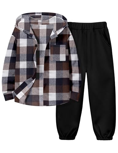 Boys Clothes Hoodie Plaid Patchwork Button Down Long-sleeve Shirt + Sweatpants Fall Winter Kids Boys 2Pcs Outfits Sets