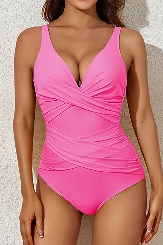 Image of Smismivo Tummy Control Swimsuits for Women Slimming One Piece Bathing Suit Retro Ruched Push Up Vintage Padded Swimwear