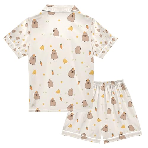 senya Cute Capybara Carrot Banana Satin Summer Pajama Sets Silk Short Sleeve Button Down Sleepwear2