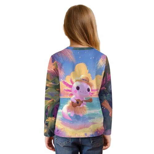Xoenoiee Girls Casual T-Shirt Crew Neck Tunic Tops Axolotl Print Long Sleeve Loose Fit Soft Blouse Tie-Hem Tees Size 5-122