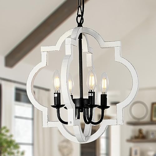 Farmhouse Chandelier, 4-Light Dining Room Light Fixtures Over Table, Distressed Wood White Chandeliers for Kitchen Island, Living Room, Rustic Orb Pendant Lighting for Foyer Entryway