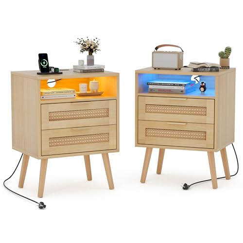 BonVache Rattan Nachttisch 2er Set, LED-Leuchten und Steckdosen,...