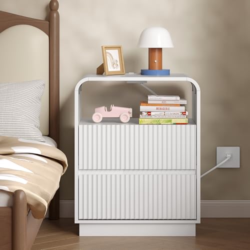Image of BORNOON Dresser with 2 Drawers and Charging Station, Fluted Bedside Table with Round Curved Corner, Hidden Handles, 2 AC Outlets and 2 USB Ports, Modern Wood End Table with Open Shelf for Bedroom