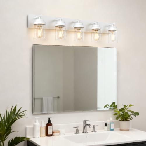 Image of IZORRO Bathroom Light Fixture White, Clear Glass Shade 36-Inch 5-Light