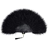 BABEYOND Éventail vintage années 1920 pour femme Éventail Marabou Plume Femme Gatsby Costume Clapette Accessoires Poignée noire   Noir