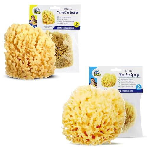Image of Baby Buddy Bathing Sponge Bundle; 1 Pack of Natural Yellow and 1 Pack of Wool Sea Sponge, Newborn Bath Time Essential
