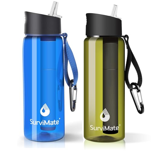 SurviMate Purified Water Bottle for Camping, Hiking, Backpacking and Travel, BPA Free with 5-Stage Intergrated Filter Straw