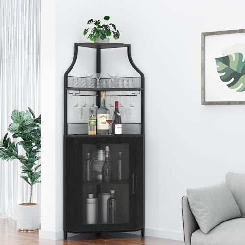JOLLYTOP Armoire à vin d'angle - 154 cm - Design industriel - Avec support en verre - Porte grillagée et étagères réglables - Peu encombrante - Pour...