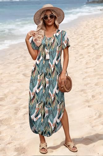 Image of WIHOLL Women's Summer Short Sleeve Dresses Maxi Dress Vacation Beach Sundresses 2026 with Pockets