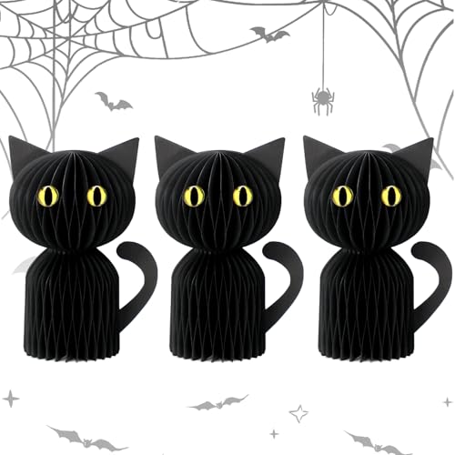 NEWLIGHTURE 3 Pcs Black Cat Halloween Decor, Honeycomb Paper Table...