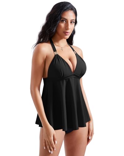 RXRXCOCO Women Halter Tankini Swimsuits Tummy Control Swimsuit Flowy V Neck Bathing Suits4