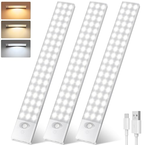 YOOKESEN Luz Led con Sensor de Movimiento 108 LEDs 2000mAH, 32CM Adhesiva USB C Recargable Luz con Sensor de Movimiento 3000K 6500K 4 Modos Para Armario, Garaje, Cocina, Muebles, Pasillo 3 Piezas
