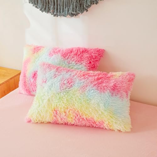 Faux Fur Fluffy Rainbow Comforter Cover Queen Set – Plush Faux Fur Rainbow Bedding 3-Piece Set (1 Duvet Cover + 2 Furry Pillow Shams) Cozy Bed Set