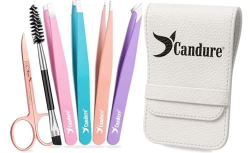 Candure Pinzas Depilar Profesionales - Pinza de Pelo de Acero Inoxidable de Punta para Pelos Faciales, Cejas Tijeras y Cepillo - Juego de 6 Puntiagudo Inclinado Plano y Punta Inclinada Puntiaguda