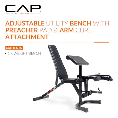 Image of CAP Adjustable Utility Weight Bench with Preacher Pad, Arm Curl Attachment, and Leg Developer for Full Body Strength Training