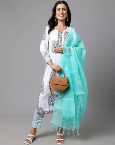 Image of Tee Projekt Women's Cotton Blend Sweetheart Neck Straight Kurta Pant with Dupatta Set