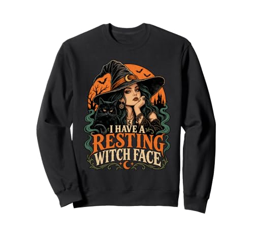 Image of Halloween Witch Resting Witch Face Black Cat Women Halloween Sweatshirt