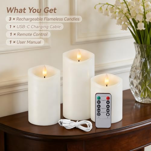 Image of White Real Wax LED Rechargeable Flameless Battery-Operated Pillar Candles