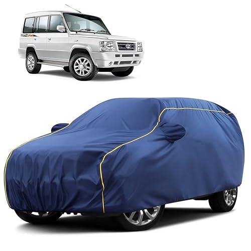 Image of Sulfar 100% Water Resistant Car Body Cover Compatible with Mirror for Tata Sumo Gold (Triple Stitched, Full Bottom Elastic, Blue Taffeta with Yellow Piping)