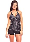 Neckholder Damen Tankini Set mit Hotpants 2tlg. Badeanzug f5539 Farbe: A(1074)-HP1(sw) Tankini Schwarz mit Kreisen, Hotpants Schwarz, Gr. 42