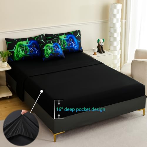 Image of ZRNBAST Blue Green Gamer Comforter Set Queen Size Boys Gaming Bed in a Bag