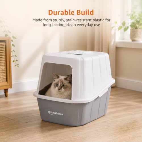 Image of Amazon Basics Semi Enclosed Cat Litter Box | Large Litter Tray | Easy Clean Cat Washroom for Indoor Cats | Brown + White | 38 X 40 X 48 cm | Suitable for Kittens & Cats