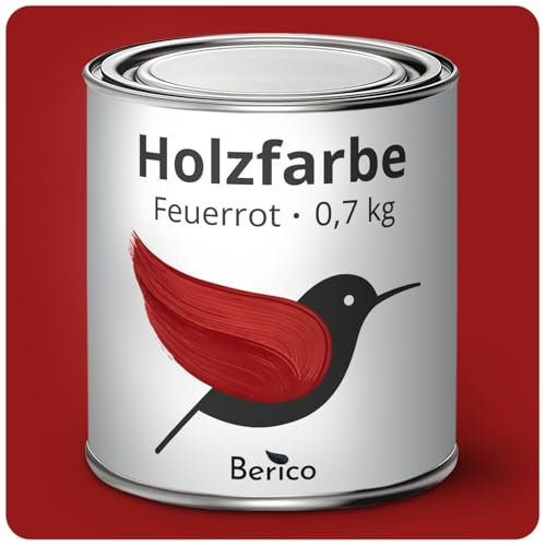 Berico Holzfarbe - Feuerrot - 0,7 Kg - 4in1 Premium Holzlack inkl. Grundierung & Decklack - Für Innen und Außen - Robust & Wetterfest