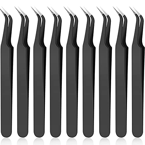 Honoson 9 Pieces Curved Pointed Craft Tweezers Stainless Steel Precision Tweezer with Protective Cover for Rhinestones Dried Flowers Craft Stickers Eyelash Extension Jewelry Making(Black)