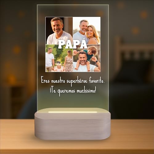 Lámpara Personalizada - Lampara con Foto y con Texto, Regalos Originales, Luz LED, Regalo Día del Padre, Pareja, Amigos, Familiares, Regalos Personalizados, Placa de Metacrilato con Luz (PAPÁ)