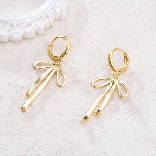 Gold Bow Ribbon Hoop Earrings - Long Ribbon Drop Dangle Bow Tie Huggie Earrings for Women's Jewelry Gifts3