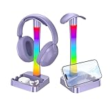 Headphone Stand with Charger,Gaming Headset stand with RGB Light Mode,For Airpod Max Stand,Desk Lamp,Phone Holder,Tablet Holder,desktop organizer,Gifts for Gamers & Music Lover (Purple)
