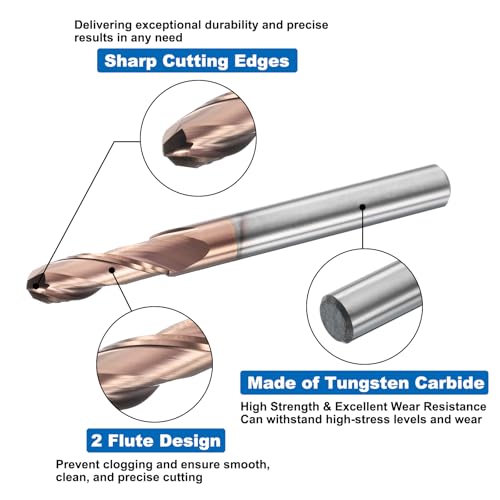 Image of HARFINGTON Ball Nose End Mill 2 Flute 15 /64 inch Diameter 1 /4 inch Shank Tungsten Carbide Uncoated Spiral CNC Router Bits 3 /4 inch Cutting Length Single End Ball for Carving Engraving Grinding