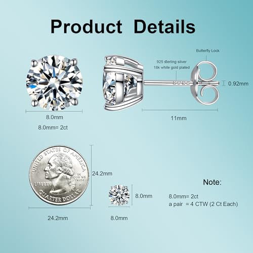 Moissanite Stud Earrings, Round Cut D Color VVS1 Clarity Lab Created Moissanite Earrings Studs 18K White Gold Plated 925 Sterling Silver Jewelry for Women Men2