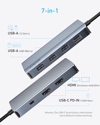 Anker Hub USB-C 7 w 1, podwójny wyświetlacz USB-C stacja dokująca, wyświetlacz Dual 4K HDMI, zasilanie 100 W, transmisja danych 10 Gbit/s, porty USB do MacBook Air/Pro, Dell XPS, iPad (7-in-1)