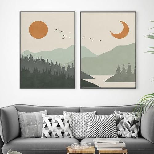 Affiche bohème toile soleil et lune pour salon style milieu du siècle