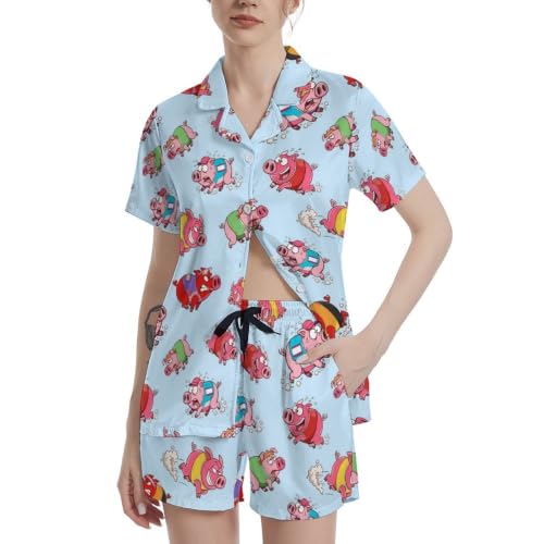 Image of Funny Pajamas for Women Set Print Satin Loungewear Pjs Short Sleeve Button Down Top and Shorts Sets Sleepwear XS-3XL