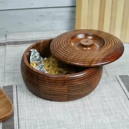 Image of Wooden Casserole Chapati Roti Box Serving Hot Pot with Lid in Round Shape(9inch) Serve Casserole Set, 1000 Ml